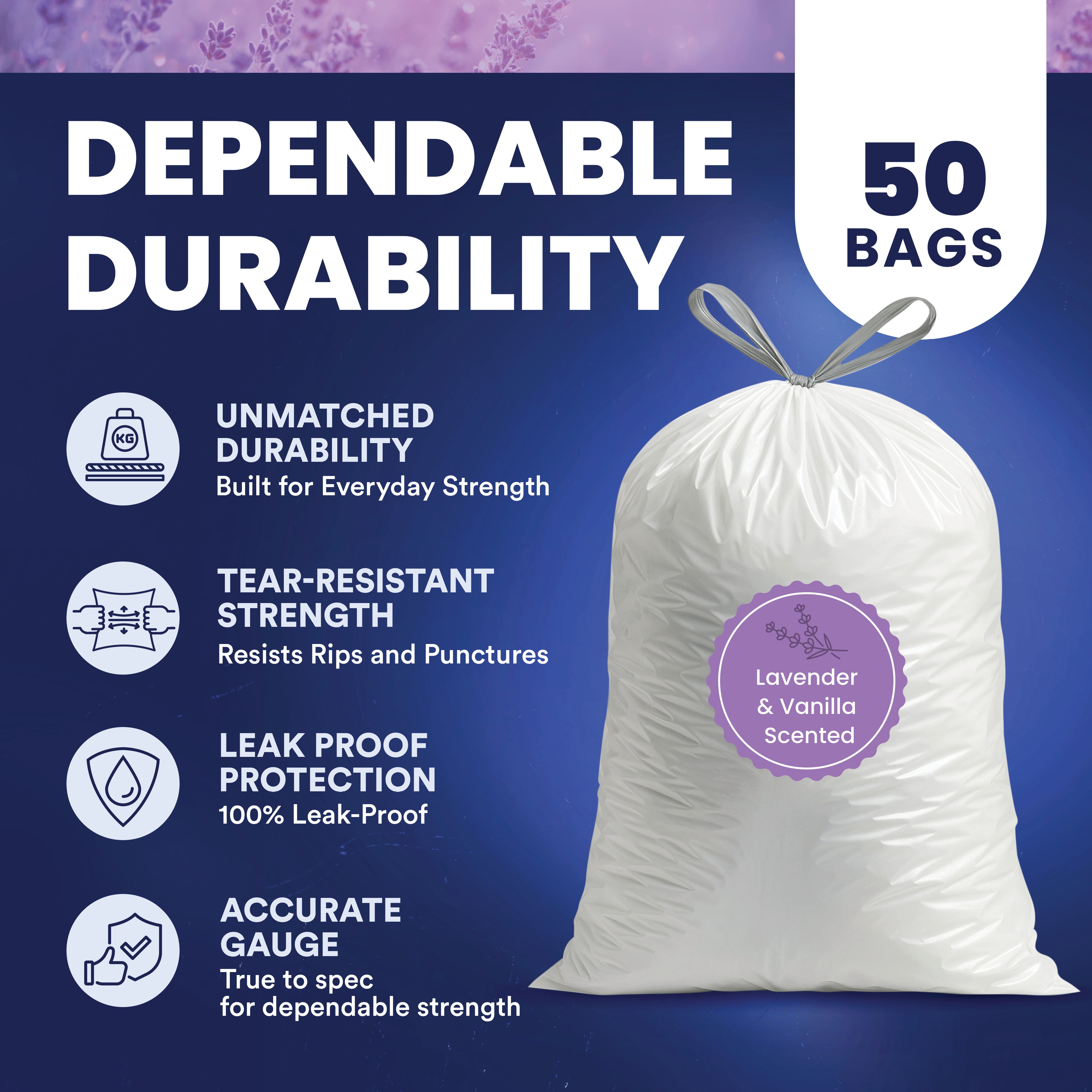13 Gallon Extra Tall Drawstring Lavender & Vanilla Scented Bags - 1.2 Mil - 50/Case