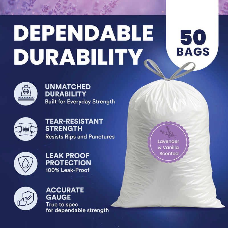 13 Gallon Extra Tall Drawstring Lavender & Vanilla Scented Bags - 1.2 Mil - 50/Case
