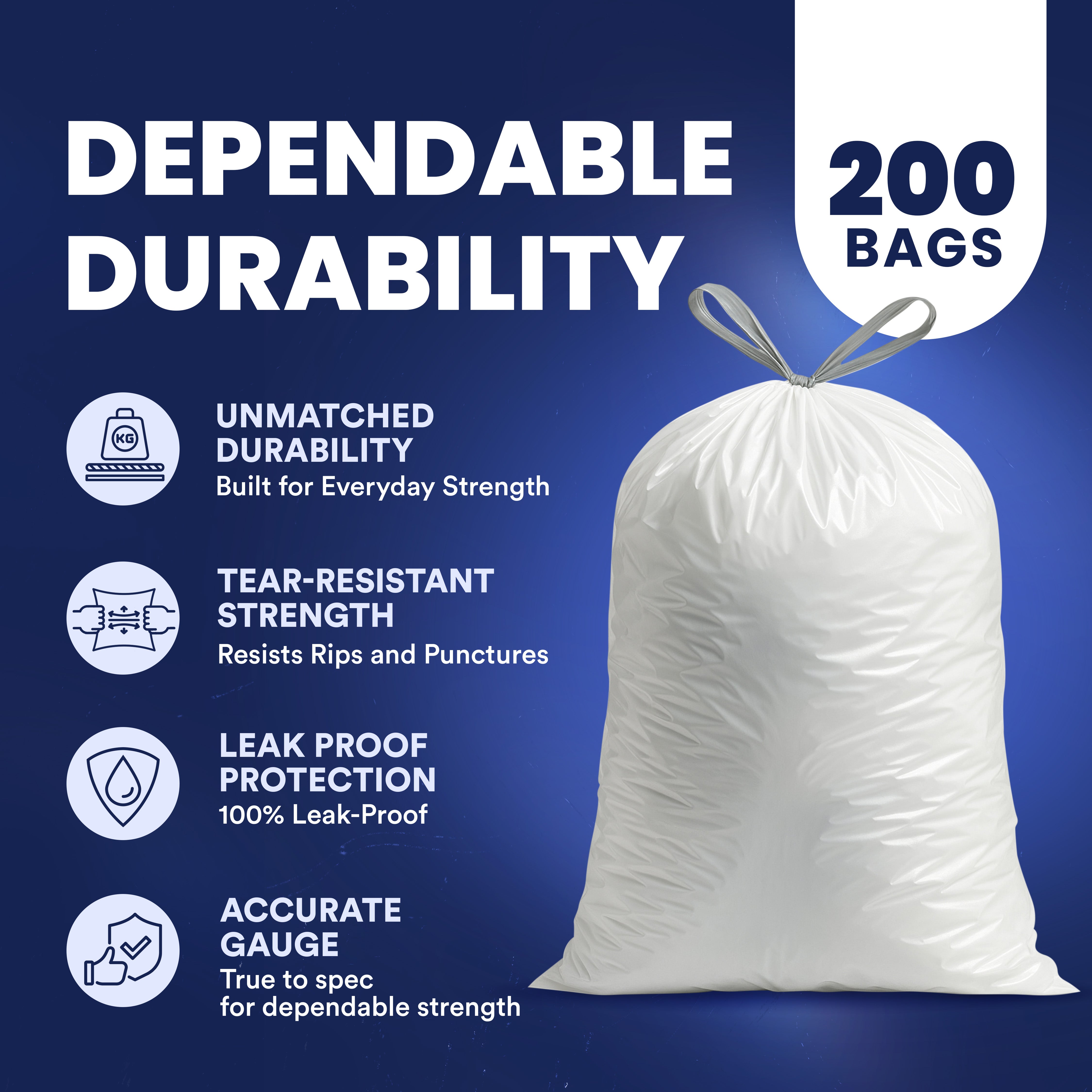 13 Gallon Extra Tall White Drawstring Bags - 1.2 Mil - 200/Case